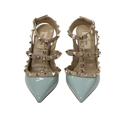 ヴァレンティノ VALENTINO パンプス 靴 シューズ パテント レザー ライトブルー ピンクベージュ ゴールド ロックスタッズ ストラップ
