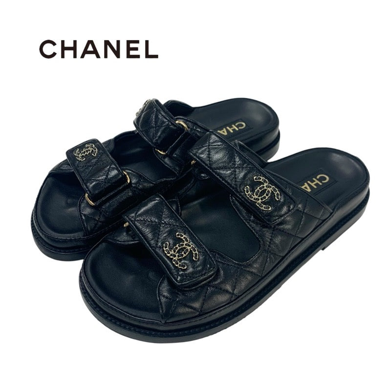 シャネル CHANEL サンダル 靴 シューズ カーフスキン ブラック 黒 ココマーク チェーン マトラッセ ベルクロ フラット ミュール