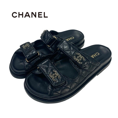 シャネル CHANEL サンダル 靴 シューズ カーフスキン ブラック 黒 ココマーク チェーン マトラッセ ベルクロ フラット ミュール