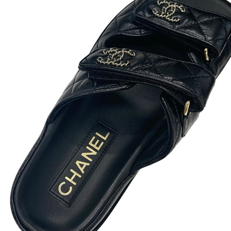 シャネル CHANEL サンダル 靴 シューズ カーフスキン ブラック 黒 ココマーク チェーン マトラッセ ベルクロ フラット ミュール