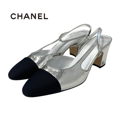 シャネル CHANEL パンプス 靴 シューズ レザー ファブリック シルバー ブラック ココマーク スリングバック