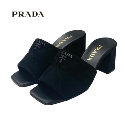 プラダ PRADA サンダル 靴 シューズ スエード レザー ブラック 未使用 ロゴ ビロード ミュール