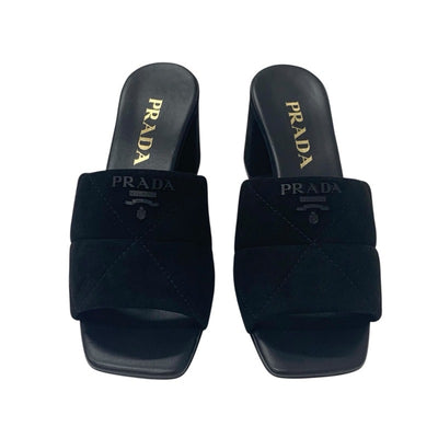 プラダ PRADA サンダル 靴 シューズ スエード レザー ブラック 未使用 ロゴ ビロード ミュール