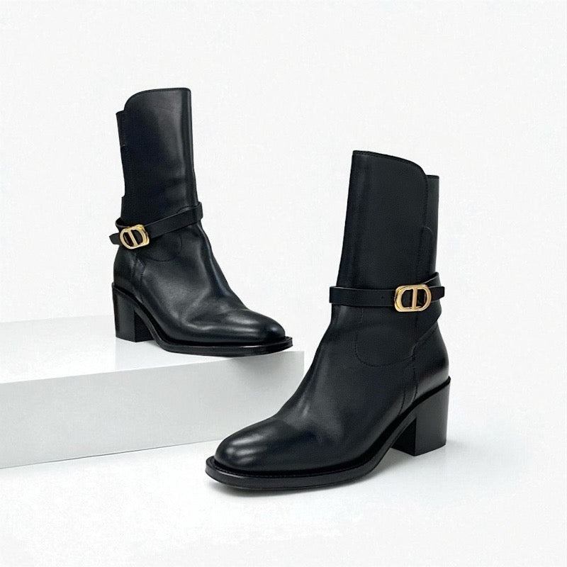 クリスチャンディオール CHRISTIAN DIOR DIOR EMPREINTE ブーツ ショートブーツ 靴 シューズ レザー ブラック 黒 ゴールド ベルト ロゴ