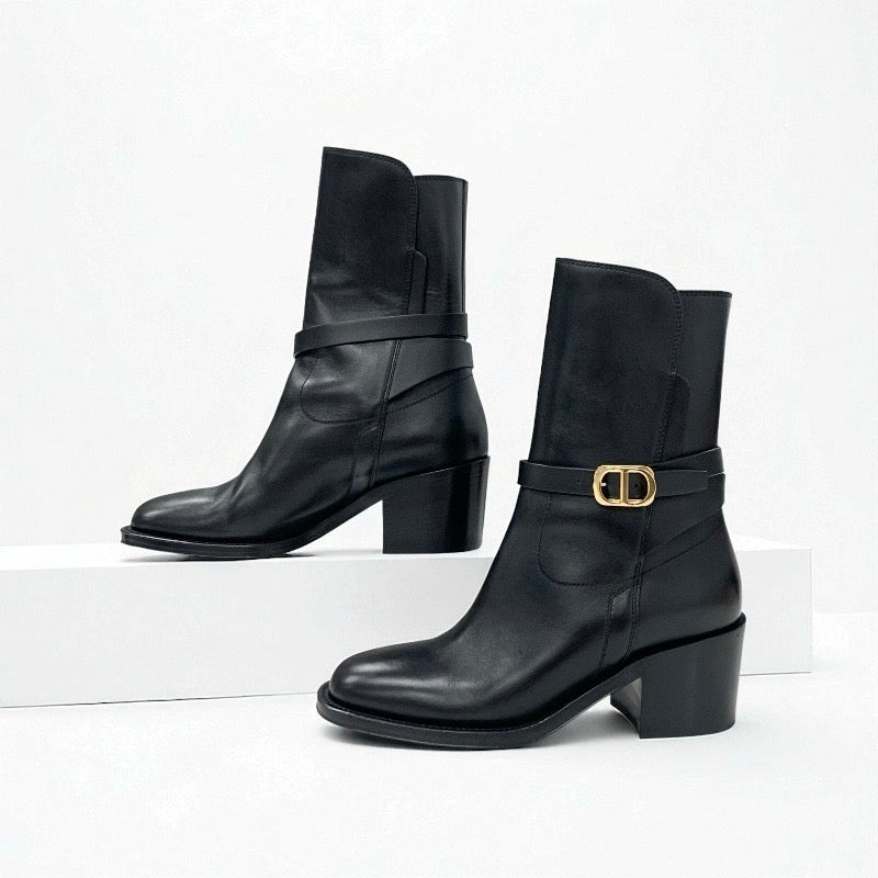 クリスチャンディオール CHRISTIAN DIOR DIOR EMPREINTE ブーツ ショートブーツ 靴 シューズ レザー ブラック 黒 ゴールド ベルト ロゴ