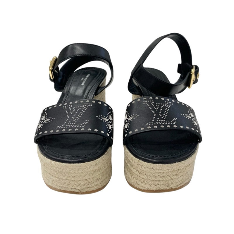 ルイヴィトン LOUIS VUITTON スターボードライン モノグラム サンダル 靴 シューズ レザー ブラック 黒 パンチング ウェッジソール ストラップ