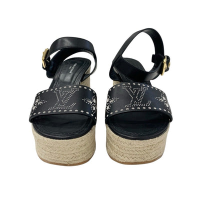 ルイヴィトン LOUIS VUITTON スターボードライン モノグラム サンダル 靴 シューズ レザー ブラック 黒 パンチング ウェッジソール ストラップ
