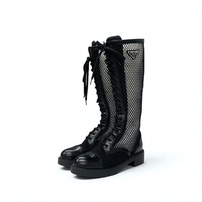 プラダ PRADA ブーツ ロングブーツ 靴 シューズ メッシュ レザー ブラック 黒 トライアングルロゴ レースアップ