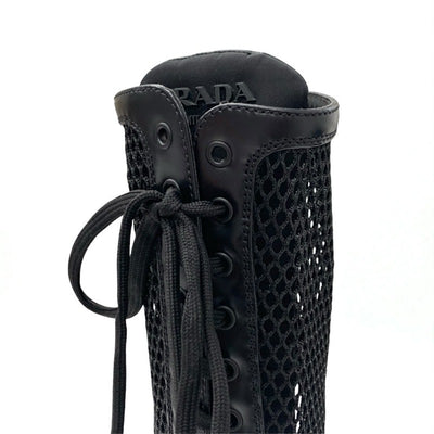 プラダ PRADA ブーツ ロングブーツ 靴 シューズ メッシュ レザー ブラック 黒 トライアングルロゴ レースアップ
