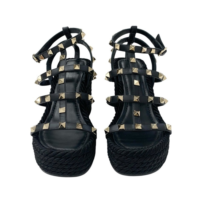 ヴァレンティノ VALENTINO サンダル 靴 シューズ レザー ブラック ゴールド ロックスタッズ ウェッジソール ストラップ