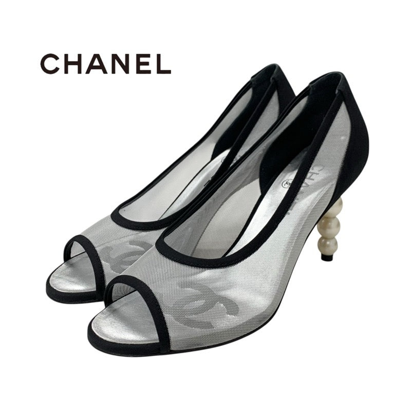 シャネル CHANEL パンプス 靴 シューズ メッシュ ファブリック ブラック シルバー ココマーク パール