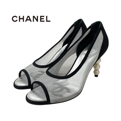 シャネル CHANEL パンプス 靴 シューズ メッシュ ファブリック ブラック シルバー ココマーク パール