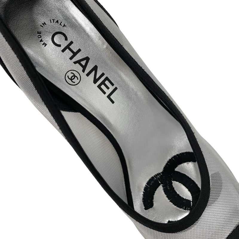 シャネル CHANEL パンプス 靴 シューズ メッシュ ファブリック ブラック シルバー ココマーク パール