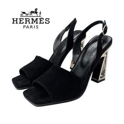 エルメス HERMES クリスタル 105 サンダル 靴 シューズ スエード ブラック シルバー ストラップ