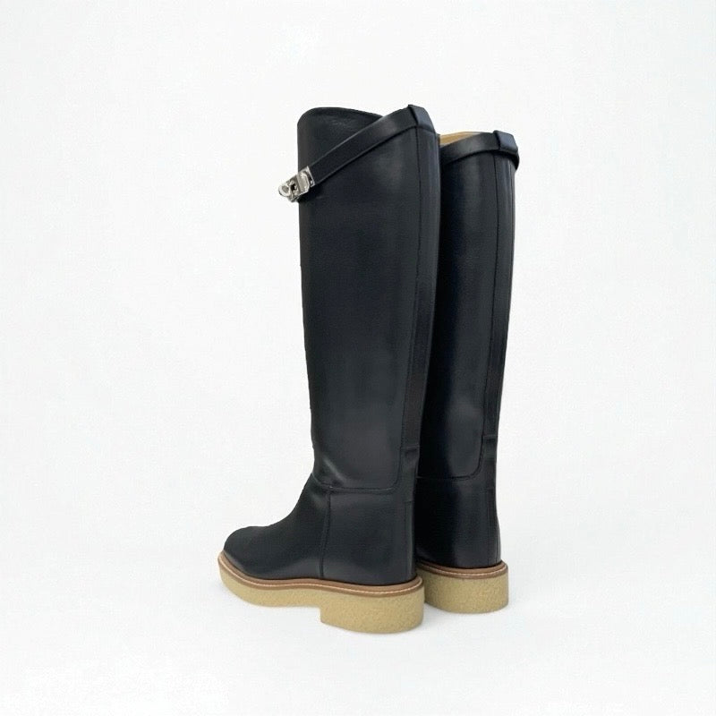 エルメス HERMES フォースティン ブーツ ロングブーツ 靴 シューズ レザー ブラック 黒 シルバー ケリー金具