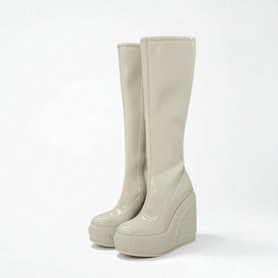 フェンディ FENDI ブーツ ロングブーツ 靴 シューズ パテント アイボリー ロゴ ニーハイ ウェッジソール 厚底