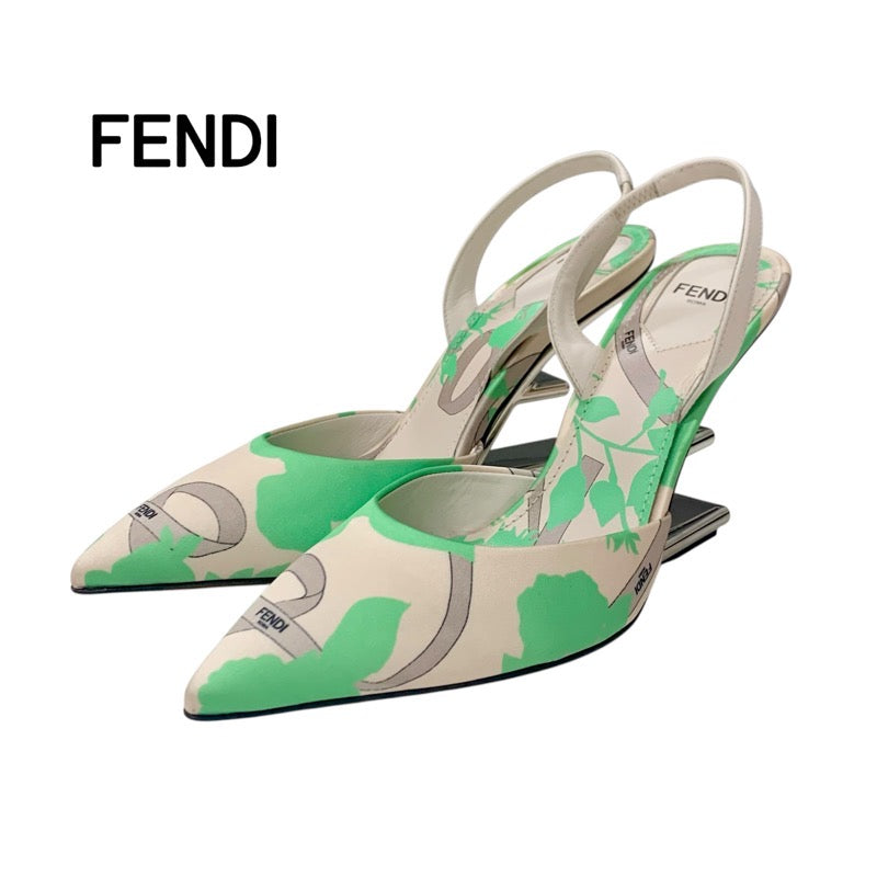 フェンディ FENDI ファースト パンプス 靴 シューズ サテン レザー ホワイト系 グリーン シルバー 未使用 メタルヒール ストラップ サンダル Fロゴ ボタニカル