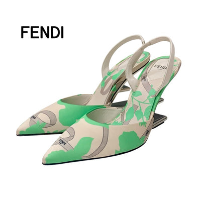 フェンディ FENDI ファースト パンプス 靴 シューズ サテン レザー ホワイト系 グリーン シルバー 未使用 メタルヒール ストラップ サンダル Fロゴ ボタニカル
