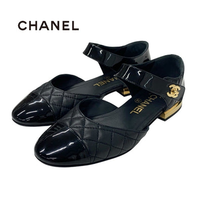 シャネル CHANEL フラットシューズ 靴 シューズ ラムスキン パテント ブラック ゴールド 黒 ココマーク マトラッセ メリージェーン ストラップ