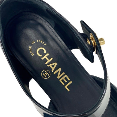 シャネル CHANEL フラットシューズ 靴 シューズ ラムスキン パテント ブラック ゴールド 黒 ココマーク マトラッセ メリージェーン ストラップ