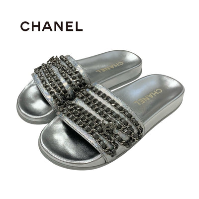 シャネル CHANEL サンダル 靴 シューズ レザー シルバー ココマーク チェーン フラット ミュール