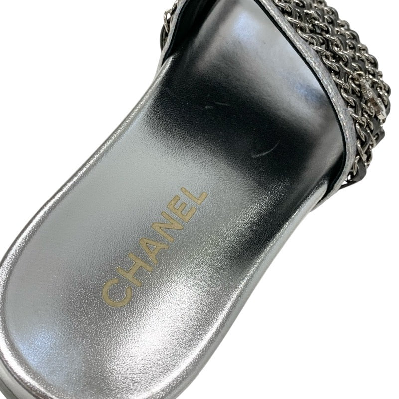 シャネル CHANEL サンダル 靴 シューズ レザー シルバー ココマーク チェーン フラット ミュール