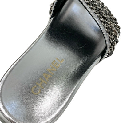 シャネル CHANEL サンダル 靴 シューズ レザー シルバー ココマーク チェーン フラット ミュール