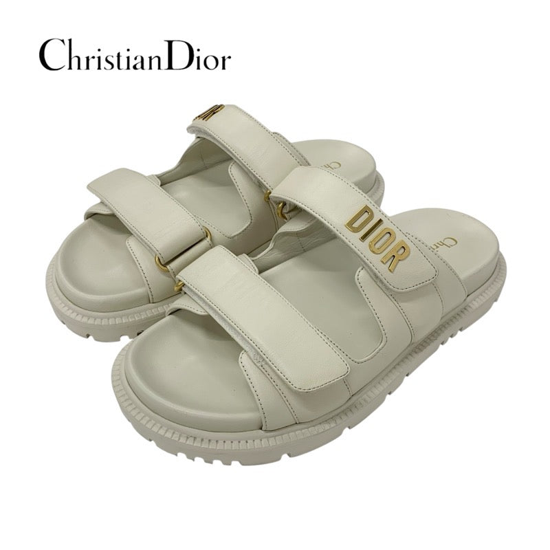 クリスチャンディオール CHRISTIAN DIOR DIORACT サンダル 靴 シューズ レザー アイボリー ゴールド ロゴ ベルクロストラップ