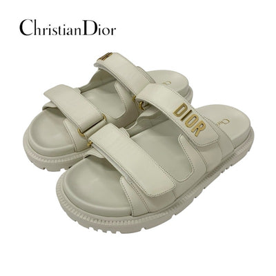 クリスチャンディオール CHRISTIAN DIOR DIORACT サンダル 靴 シューズ レザー アイボリー ゴールド ロゴ ベルクロストラップ