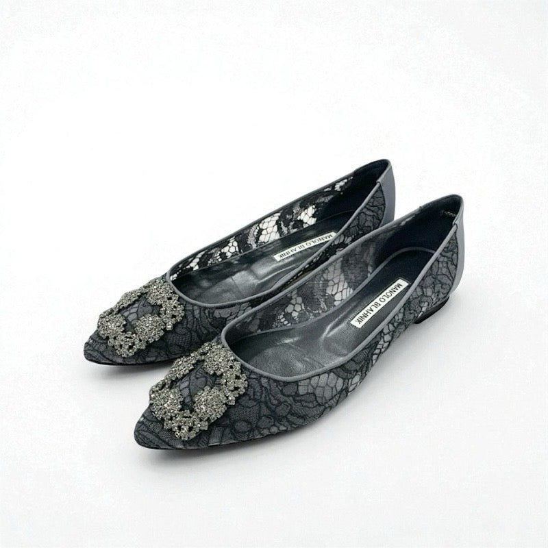 マノロブラニク MANOLO BLAHNIK ハンギシ フラットシューズ 靴 シューズ ファブリック サテン グレー レース ビジュー パーティーシューズ
