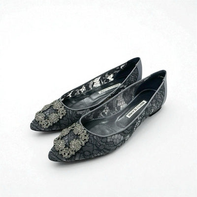 マノロブラニク MANOLO BLAHNIK ハンギシ フラットシューズ 靴 シューズ ファブリック サテン グレー レース ビジュー パーティーシューズ