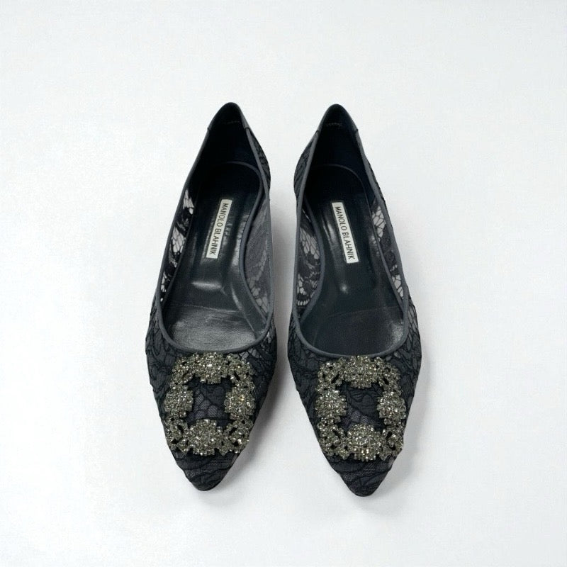 マノロブラニク MANOLO BLAHNIK ハンギシ フラットシューズ 靴 シューズ ファブリック サテン グレー レース ビジュー パーティーシューズ