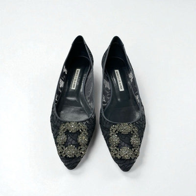 マノロブラニク MANOLO BLAHNIK ハンギシ フラットシューズ 靴 シューズ ファブリック サテン グレー レース ビジュー パーティーシューズ