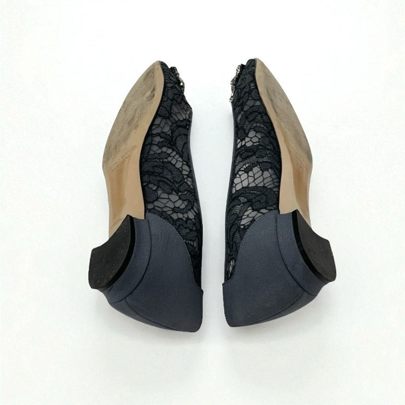 マノロブラニク MANOLO BLAHNIK ハンギシ フラットシューズ 靴 シューズ ファブリック サテン グレー レース ビジュー パーティーシューズ