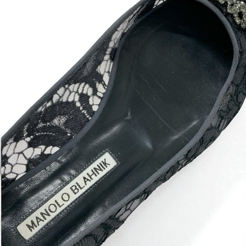 マノロブラニク MANOLO BLAHNIK ハンギシ フラットシューズ 靴 シューズ ファブリック サテン グレー レース ビジュー パーティーシューズ