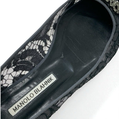 マノロブラニク MANOLO BLAHNIK ハンギシ フラットシューズ 靴 シューズ ファブリック サテン グレー レース ビジュー パーティーシューズ