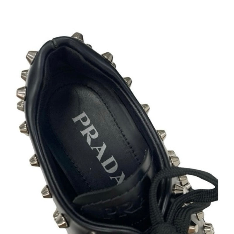 プラダ PRADA モノリス ローファー 革靴 靴 シューズ レザー ブラック 黒 シルバー スタッズ レースアップシューズ