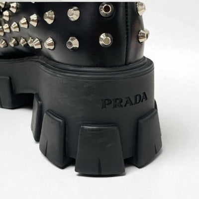 プラダ PRADA モノリス ローファー 革靴 靴 シューズ レザー ブラック 黒 シルバー スタッズ レースアップシューズ