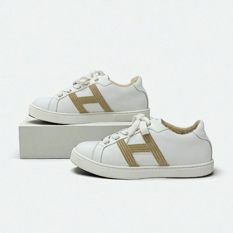 エルメス HERMES アヴァンタージュ スニーカー 靴 シューズ レザー ムートン ホワイト ベージュ Hロゴ