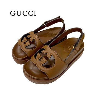 グッチ GUCCI サンダル 靴 シューズ レザー ブラウン ロゴ ベルクロ