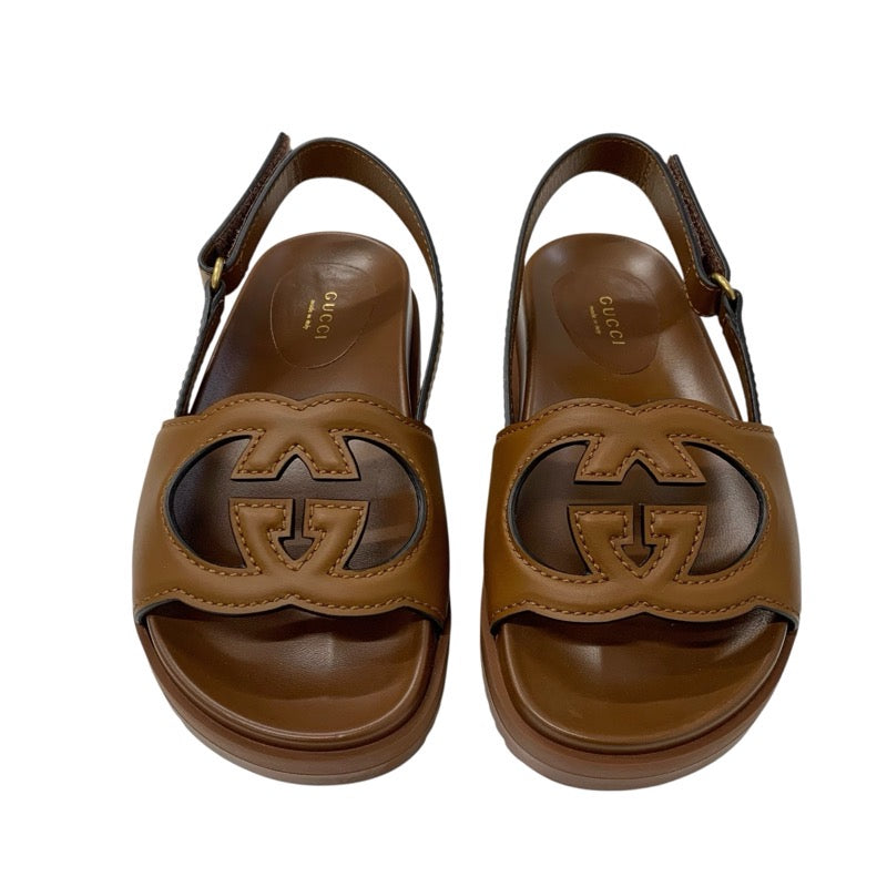 グッチ GUCCI サンダル 靴 シューズ レザー ブラウン ロゴ ベルクロ