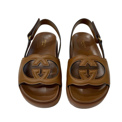 グッチ GUCCI サンダル 靴 シューズ レザー ブラウン ロゴ ベルクロ