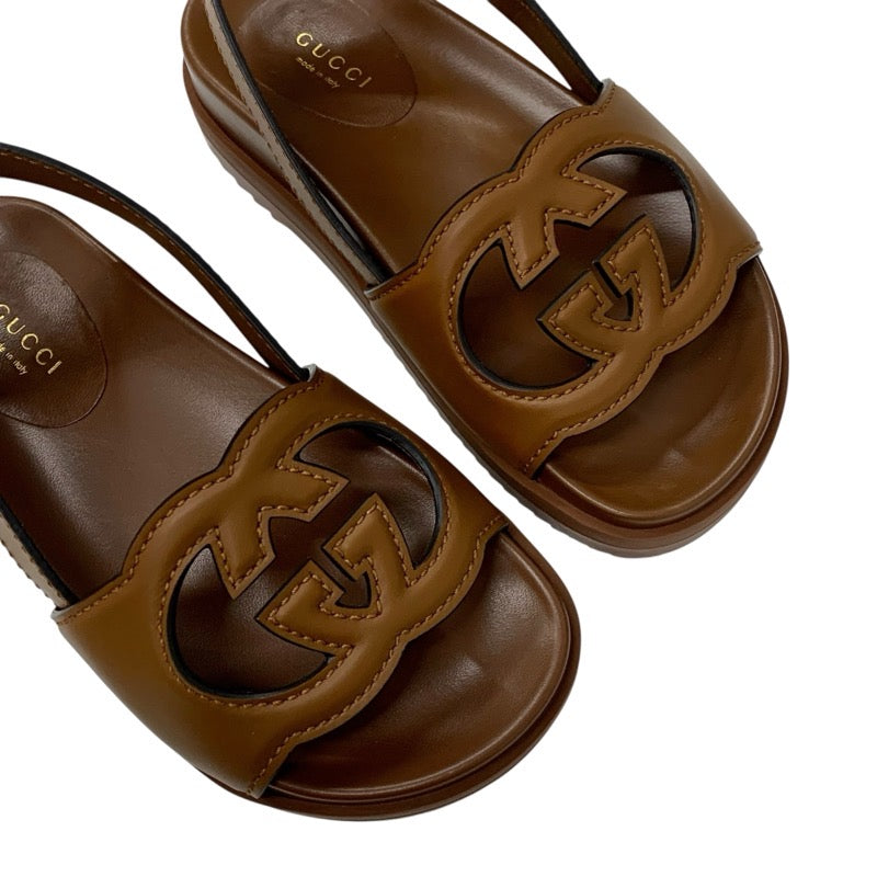 グッチ GUCCI サンダル 靴 シューズ レザー ブラウン ロゴ ベルクロ