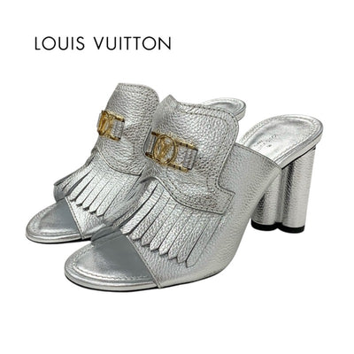ルイヴィトン LOUIS VUITTON インディアナライン サンダル 靴 シューズ レザー メタリックシルバー ゴールド LVロゴ ミュール