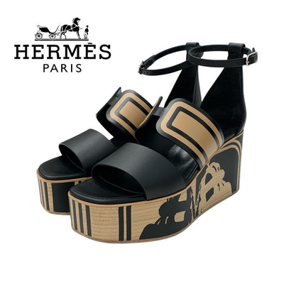 エルメス HERMES カリス サンダル 靴 シューズ レザー ブラック ブラウン 未使用 Brides de Gala Quadri Tattoo ウェッジソール ストラップ 厚底