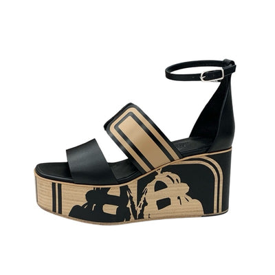 エルメス HERMES カリス サンダル 靴 シューズ レザー ブラック ブラウン 未使用 Brides de Gala Quadri Tattoo ウェッジソール ストラップ 厚底