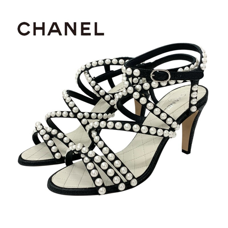シャネル CHANEL サンダル 靴 シューズ レザー ブラック ホワイト ココマーク パール マトラッセ ストラップ