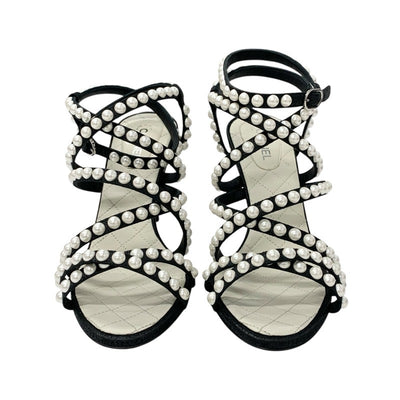 シャネル CHANEL サンダル 靴 シューズ レザー ブラック ホワイト ココマーク パール マトラッセ ストラップ