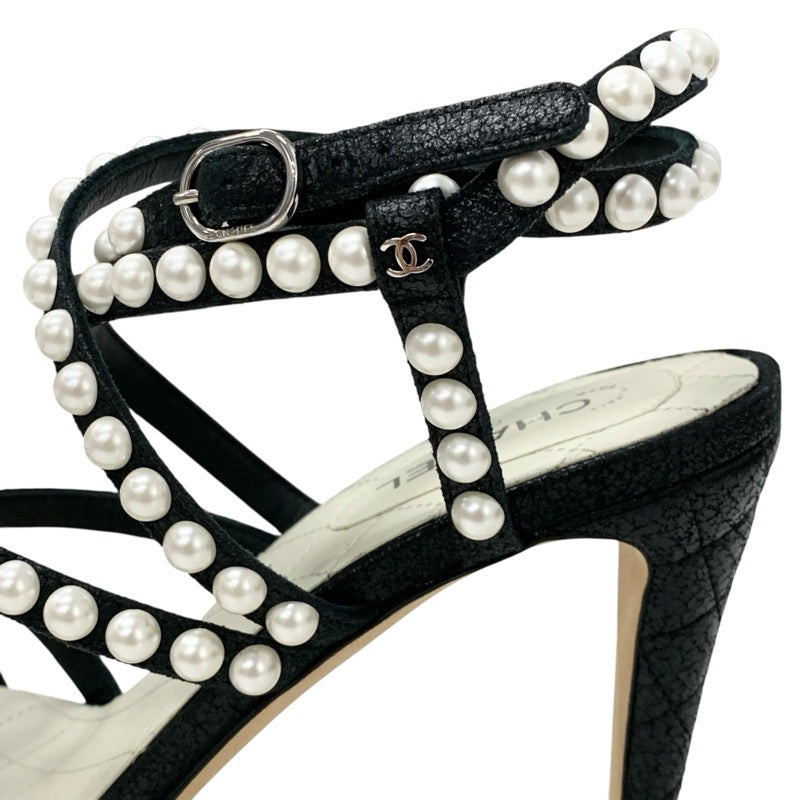 シャネル CHANEL サンダル 靴 シューズ レザー ブラック ホワイト ココマーク パール マトラッセ ストラップ