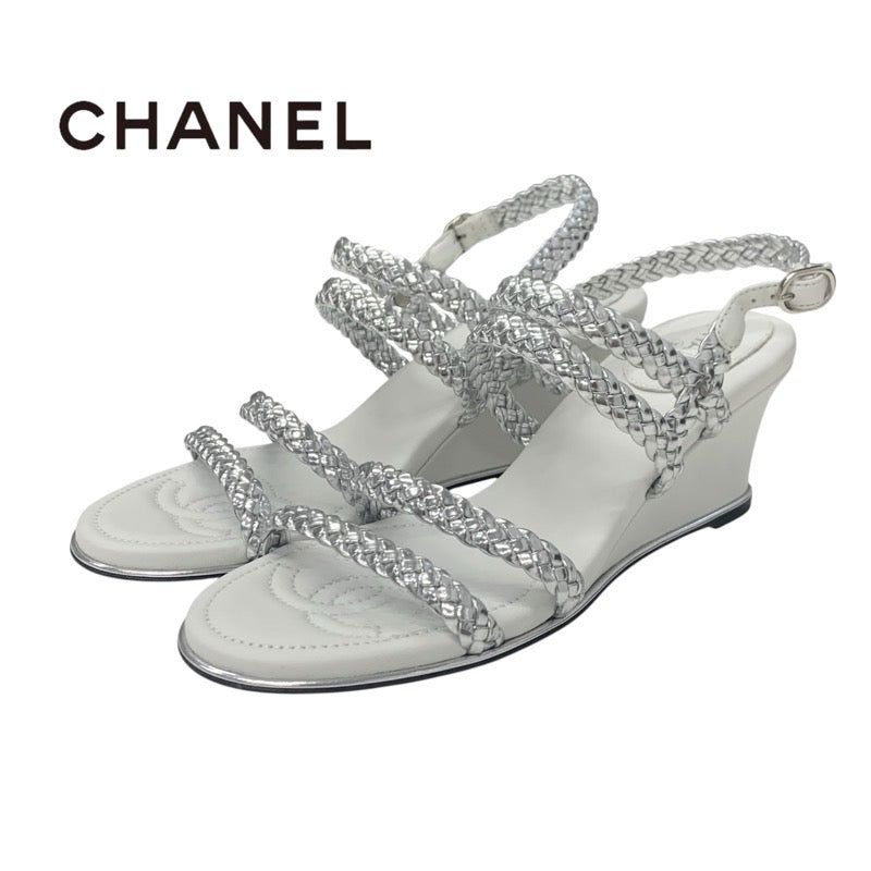 シャネル CHANEL サンダル 靴 シューズ レザー シルバー ホワイト ストラップ 編み込み ウェッジソール